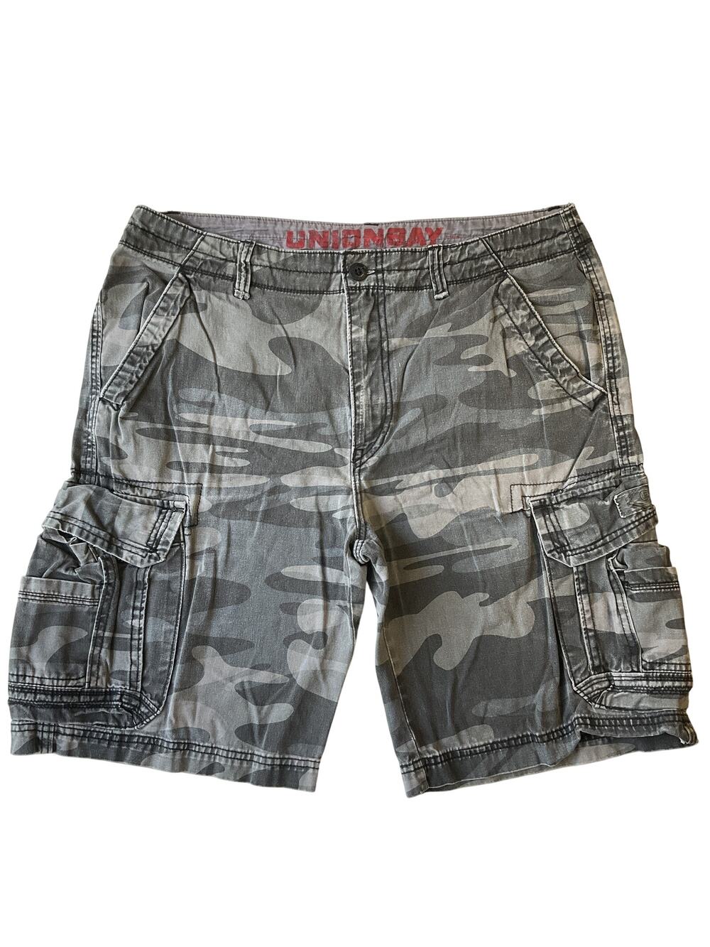 Unionbay Men Shorts 38 Gray Cargo Camouflage Button 11" Inseam Outdoor Utility